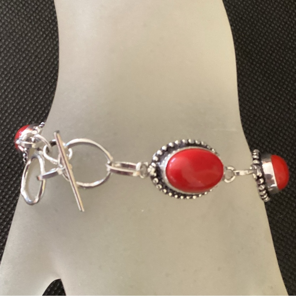 Sterling Silver 925 Coral Link Chain Bracelet - Picture 8 of 12